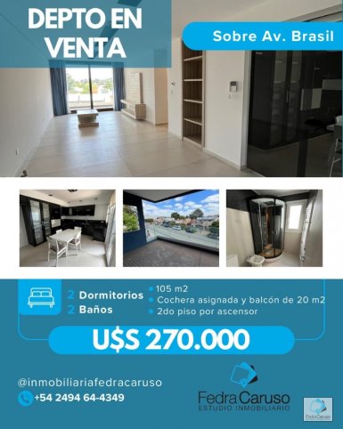 Depto 2 dorm, 105m² con cochera y balcón — Av Brasil